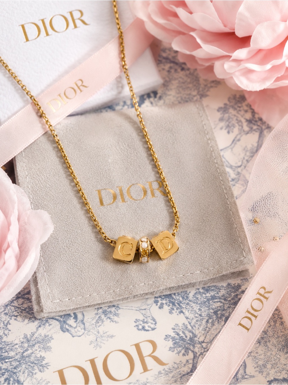 Authentic Christian Dior CD Cube Charm Necklace Gold Plated 16”